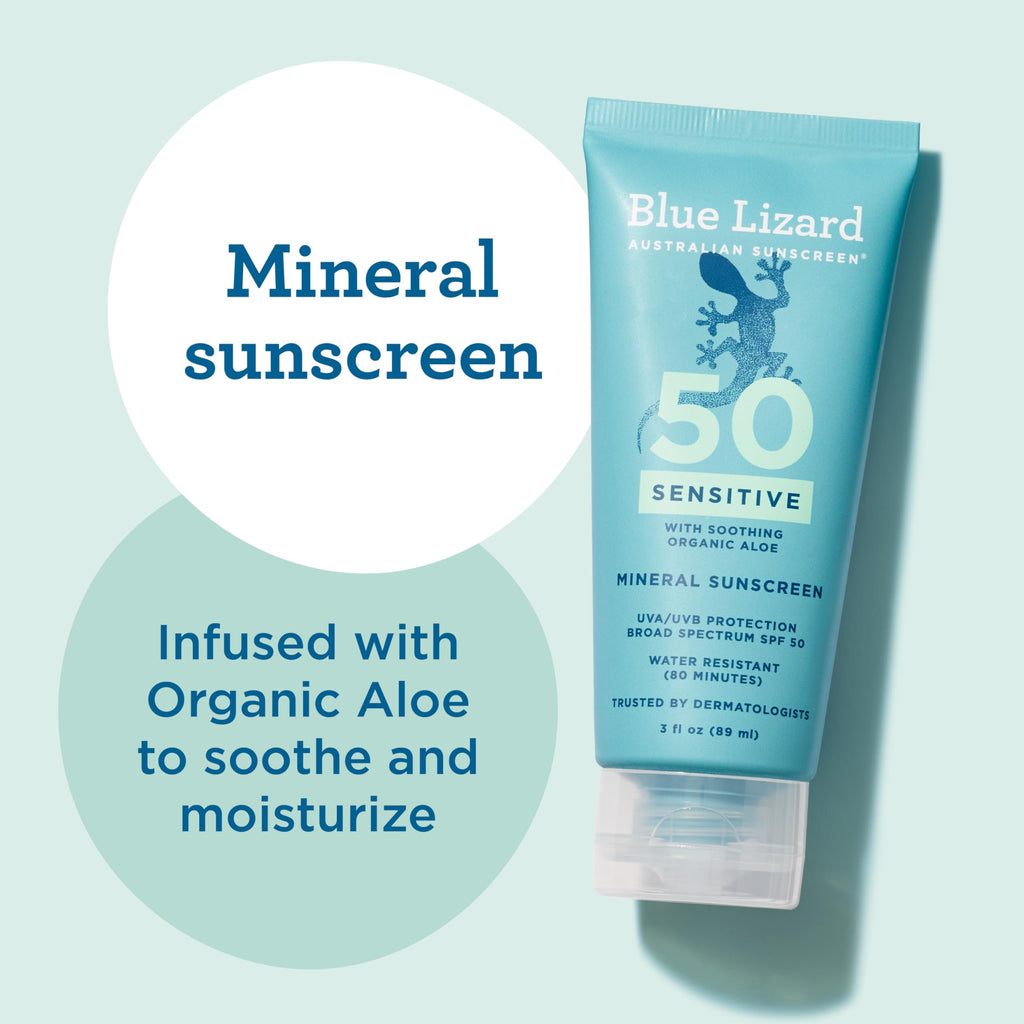 Blue Lizard SENSITIVE Mineral Sunscreen with Zinc Oxide, SPF 50+, Water Resistant, UVA/UVB Protection with Smart Cap Technology - Fragrance Free, 3 oz. Tube