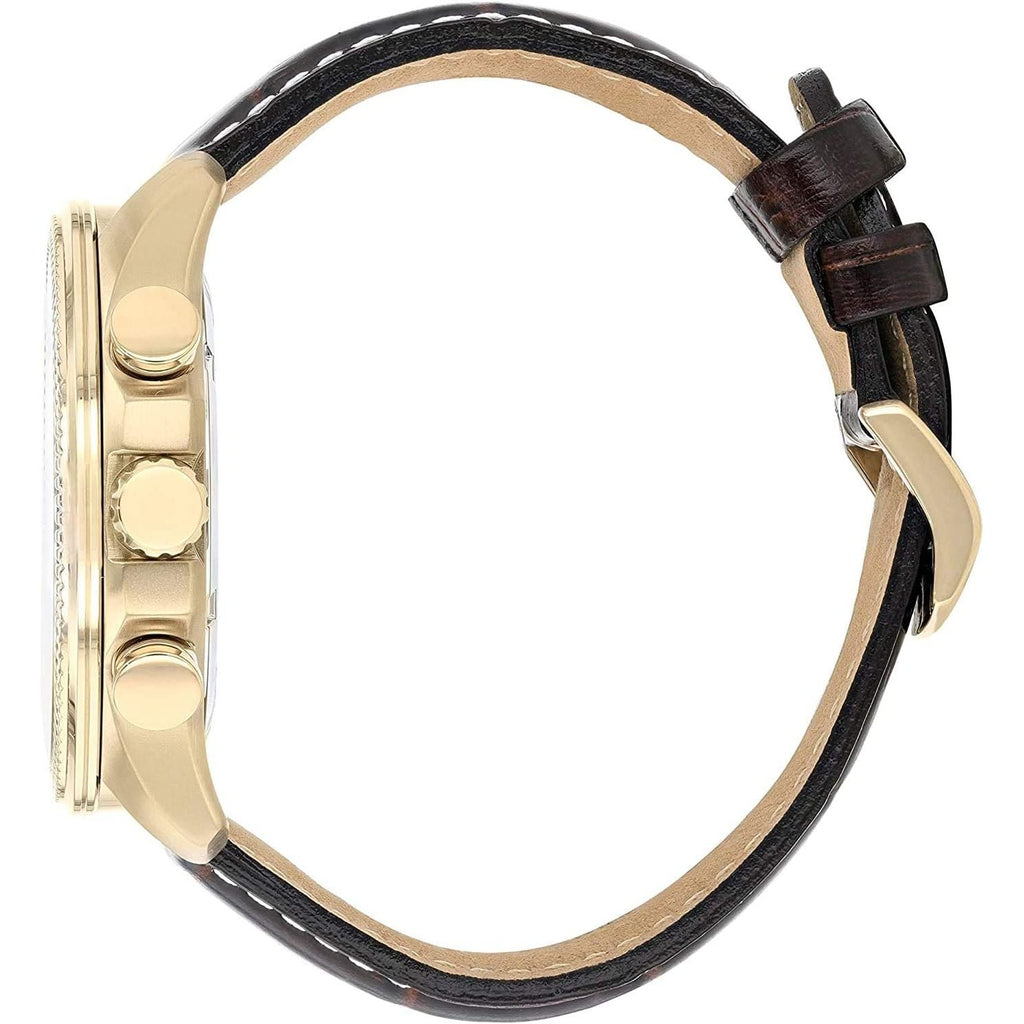Buy now Citizen Men's Eco-Drive Weekender Brycen Chronograph Watch in Gold-tone Stainless Steel, Brown Leather strap (Model: BL5403-03X) at indiglob india
