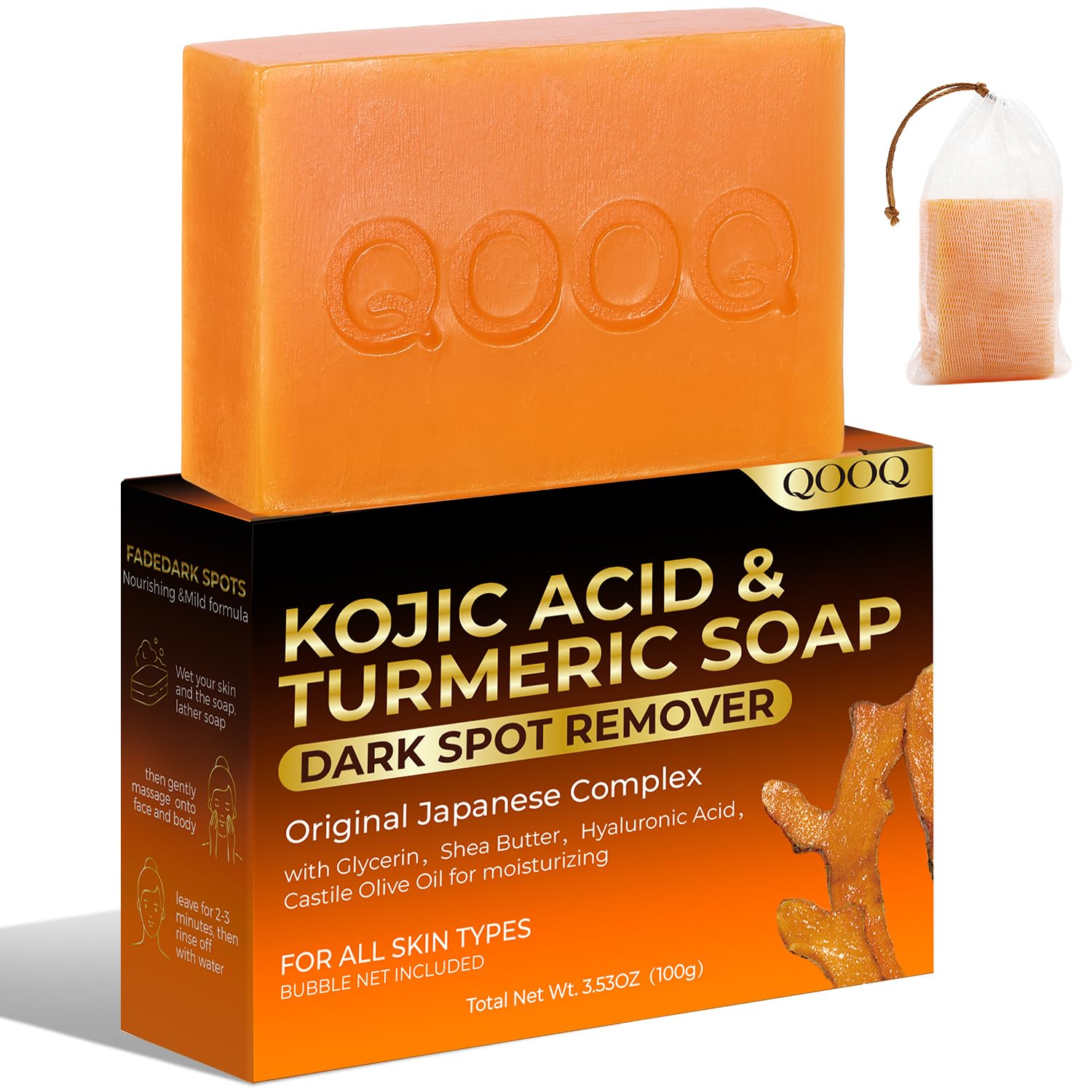 QOOQ Turmeric Kojic Acid Soap for Dark Spot Remover - Facial Cleansing Bar | Vitamin C, Retinol, Collagen, Vitamin E, Glycerin,Shea Butter & Castile Olive Oil – Soap for Women and Men Gifts(120g x 2)