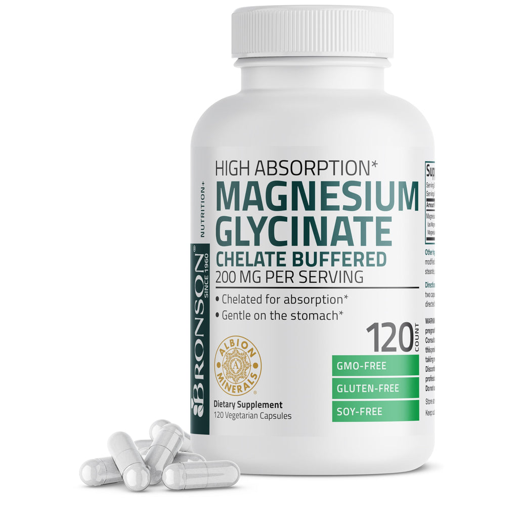 Bronson Magnesium Glycinate 200 MG Chelated High Absorption, 120 Capsules | Stress Relief, Sleep, Heart Health, Nerves, Muscles, and Metabolism Support, Vegetarian, Non-GMO, Gluten Free, Soy Free