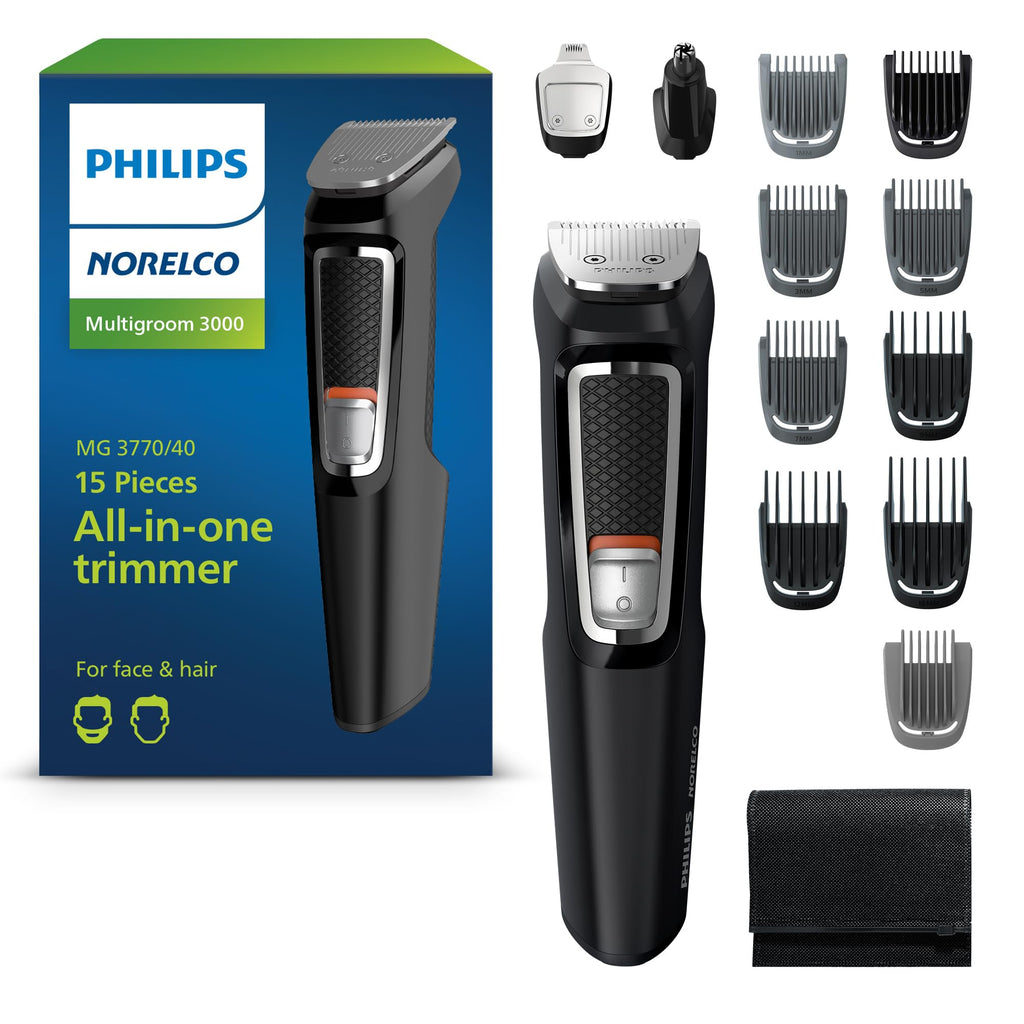 Norelco Philips All-in-One 3000 13-in-1 Trimmer, Face & Hair, Steel Blades | Beard Styler, Nose & Detail Trimmer, Hair Clipper, Self-Sharpening Blades, 8 lengths, 60-Min Runtime, Rinseable, MG3939/50