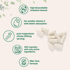 Pure Magnesium Citrate Supplements 500mg, 300 Capsules | Fat-Soluble Vitamin C Added | 100% Chelated | Only Active Ingredients