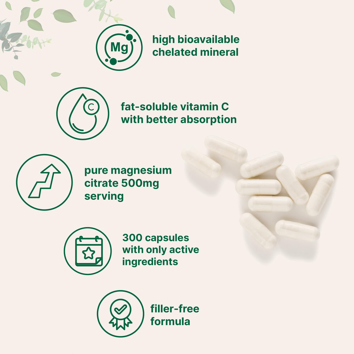 Pure Magnesium Citrate Supplements 500mg, 300 Capsules | Fat-Soluble Vitamin C Added | 100% Chelated | Only Active Ingredients