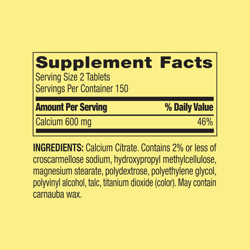 Calcium Citrate 600mg per Serving, 300 Tablets – Pure Calcium Citrate Supplement, Supports Bone Health and Wellness, Citrato de Calcio, High Absorption Calcium
