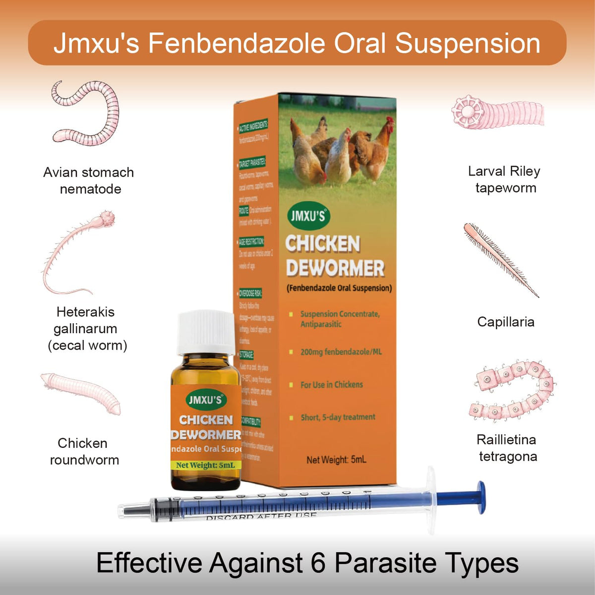 Chicken Dewormer Fenbendazole Oral Suspension, Chicken Antiparasitic, 5 ml