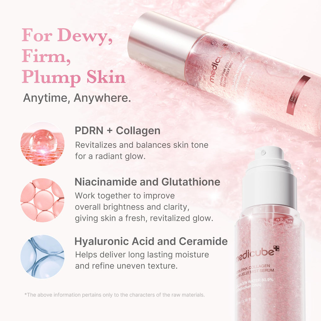 medicube Jelly Mist Serum with Pink PDRN Collagen, 2.02 fl.oz | Dual-Texture Glow Spray with Niacinamide, Glutathione, Hyaluronic Acid, Ceramide - Hydration, Radiance, Plump-Looking Skin