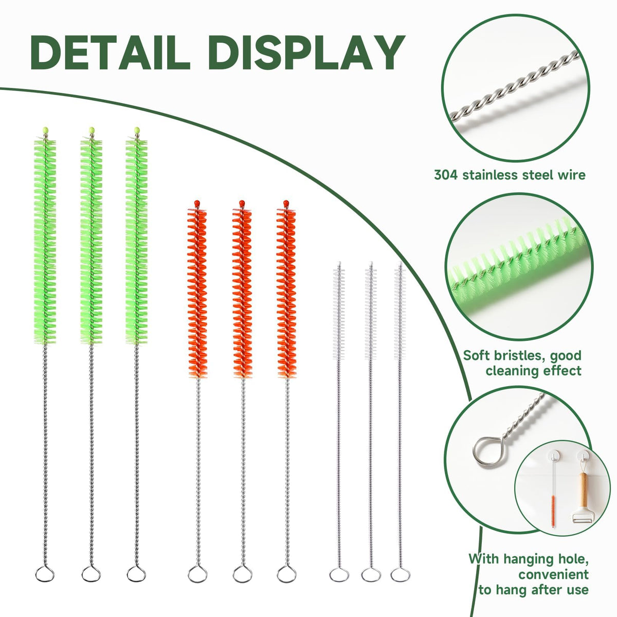 9PCS Reusable Long Colored Straw Cleaner Brush Set 12" Bendable