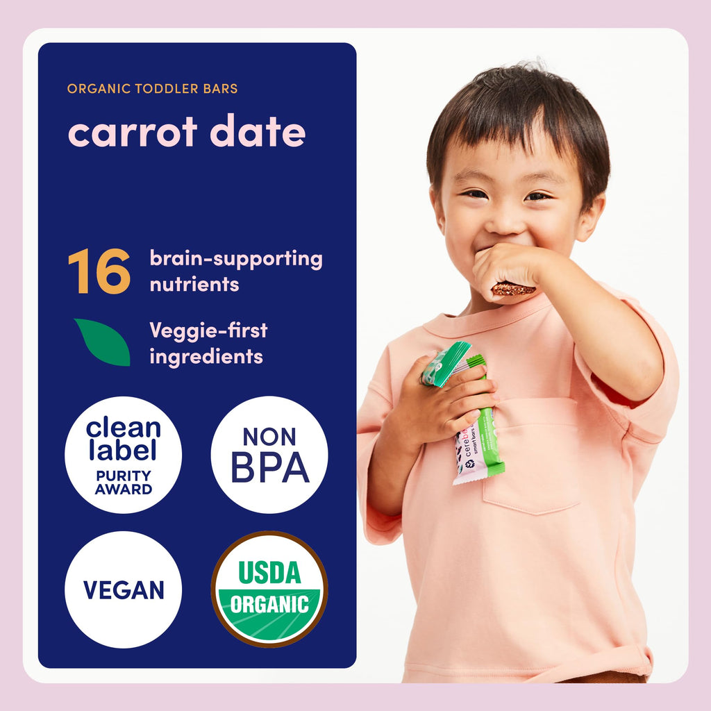 Cerebelly Organic Toddler Snack Bars, Carrot Date Smart Bars, 16 Brain-Supporting Nutrients, No Added Sugar, Gluten Free, Nut Free, Kids Snacks, 5 Pack