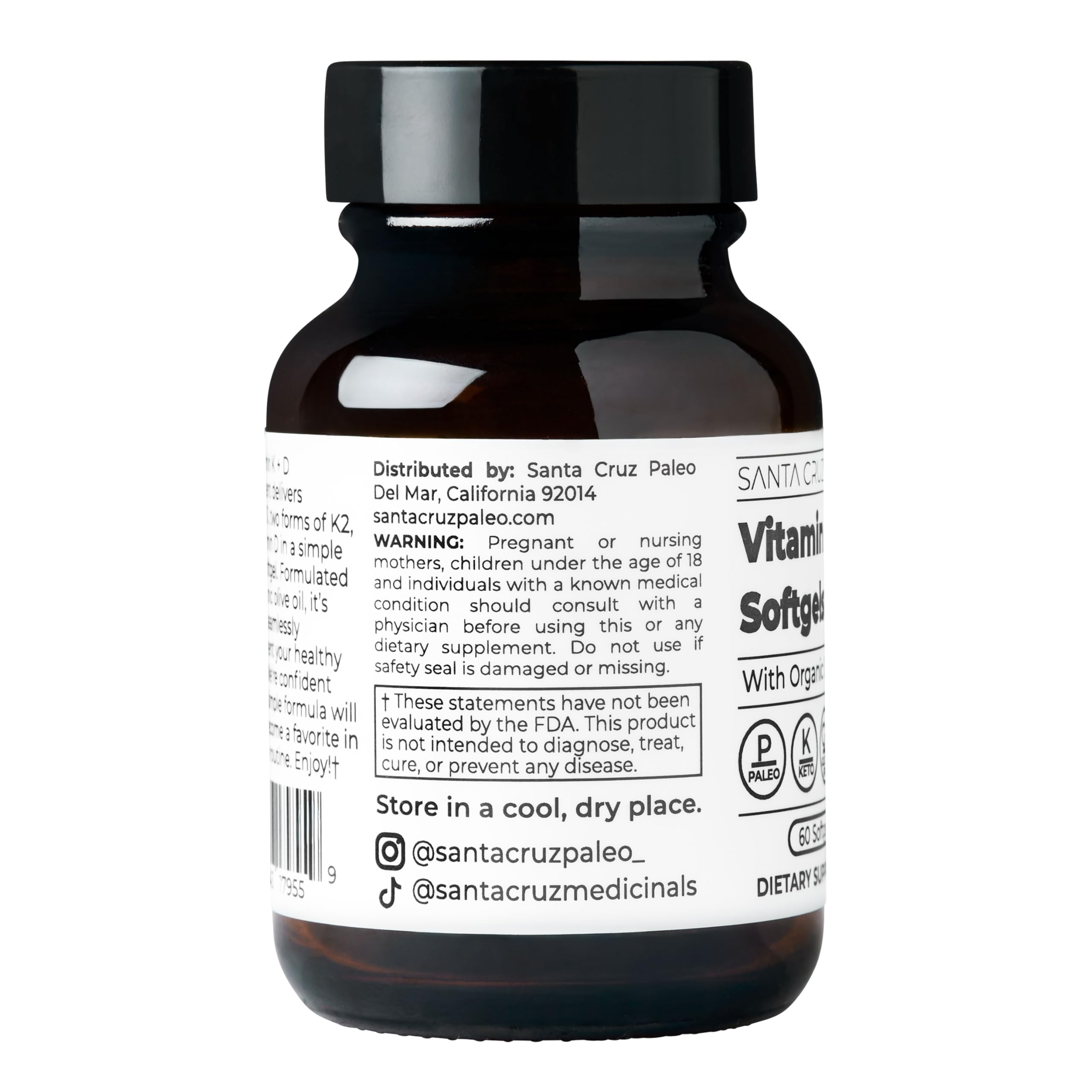 Santa Cruz Paleo Vitamin K2 + D3 Softgels, Daily Supplement with Organic Olive Oil, Includes Vitamin K1 & Two Forms of K2, Supports Heart & Bone Health, Gluten Free, Sugar Free, Paleo, Keto, 60 Count