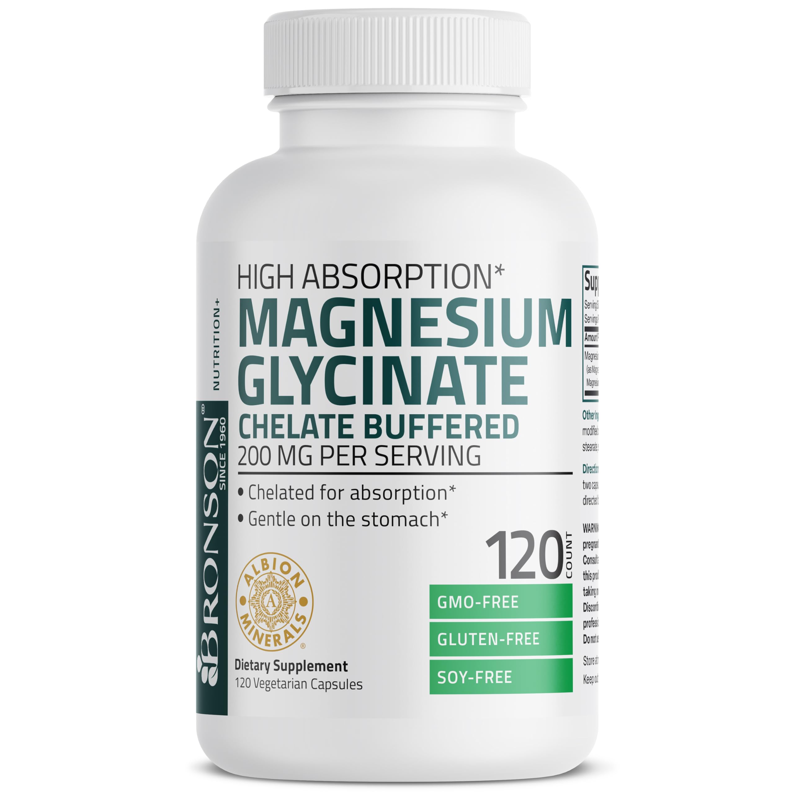 Bronson Magnesium Glycinate 200 MG Chelated High Absorption, 120 Capsules | Stress Relief, Sleep, Heart Health, Nerves, Muscles, and Metabolism Support, Vegetarian, Non-GMO, Gluten Free, Soy Free