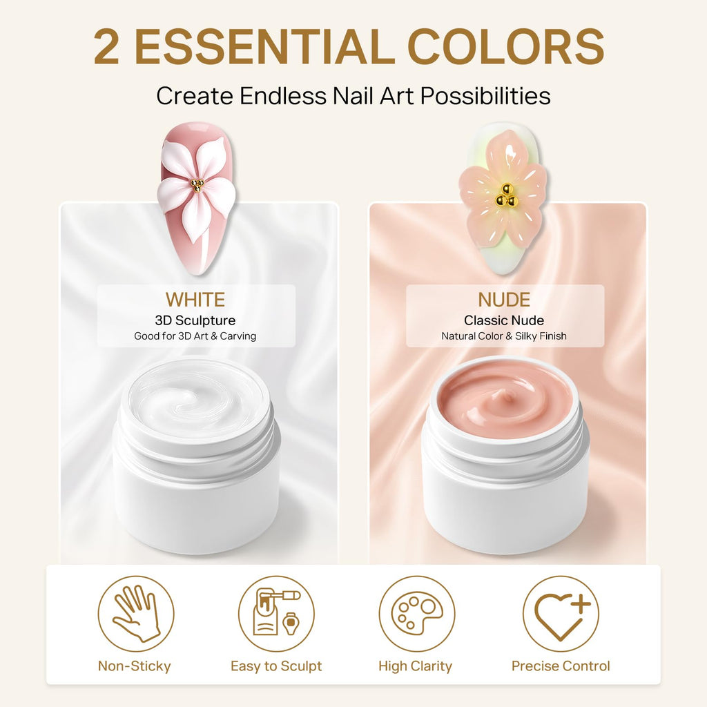 Authentic MIZHSE 3D Sculpting Gel comes in white and nude, perfect for easy nail art design with high clarity.