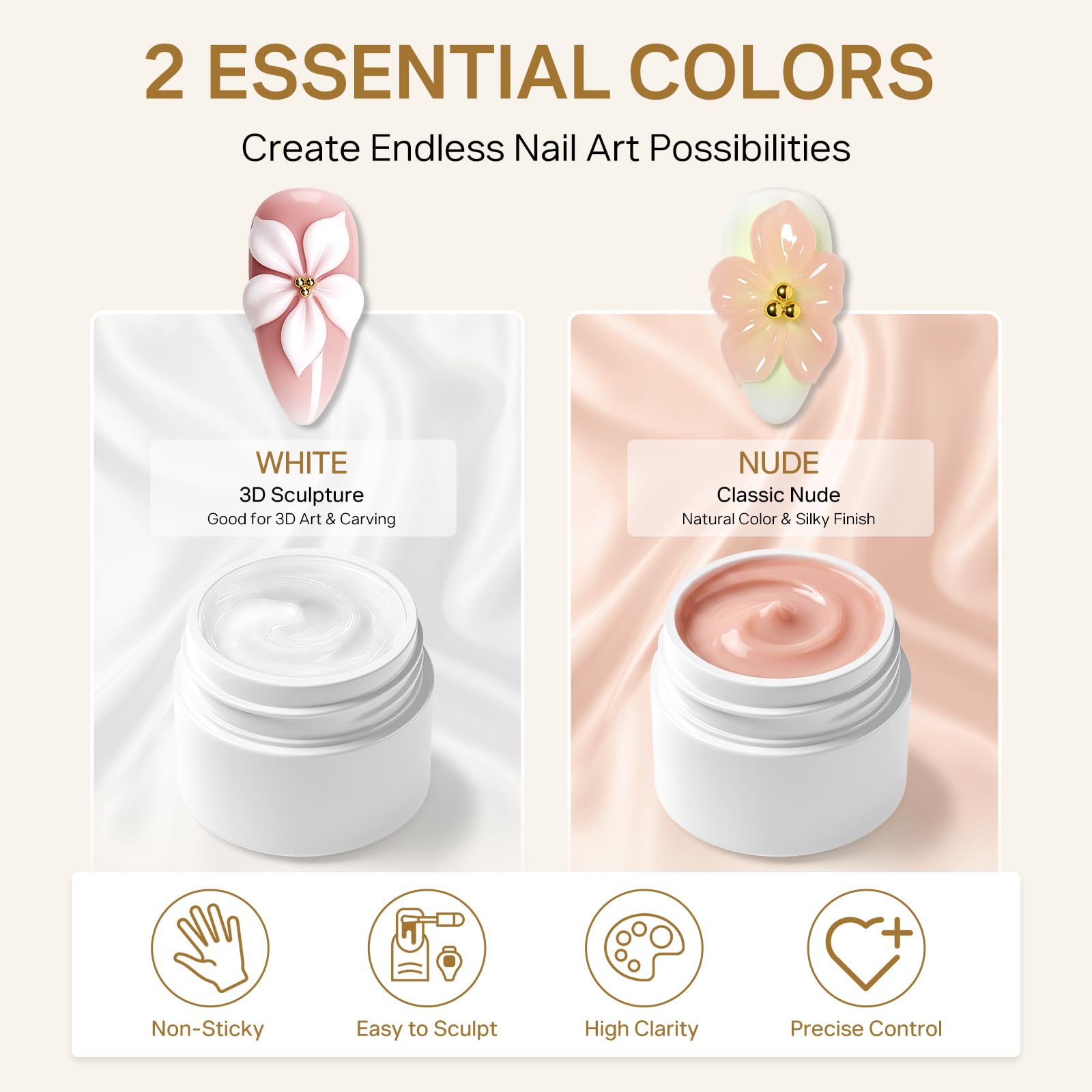 Authentic MIZHSE 3D Sculpting Gel comes in white and nude, perfect for easy nail art design with high clarity.