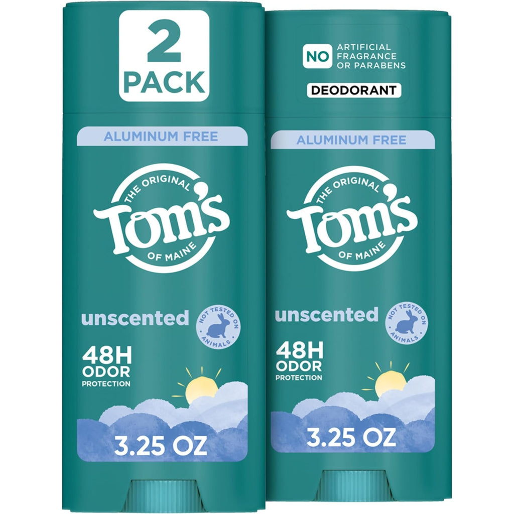 Tom’s of Maine Unsecented Aluminum Free Natural Deodorant, 3.25 oz (2 Pack) | No Artificial Fragrances, Dyes, or Preservatives, Baking Soda Free, 48-Hour Odor Protection