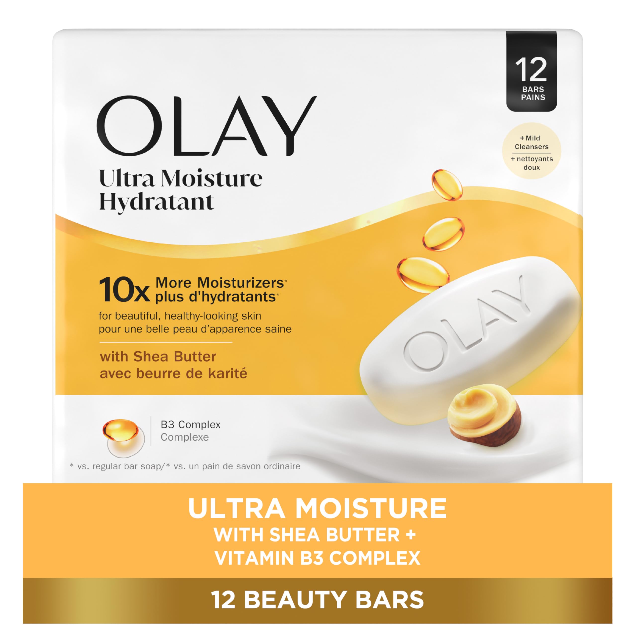 Buy now Olay Beauty Bar, Ultra Moisture,10x More Moisturizers, Nourishing Conditioners, Smooth & Gentle on Skin, Vitamin B3 Complex, For All Skin Types, Shea Butter Scent, 3.17 oz, (Pack of 12) at indiglob india