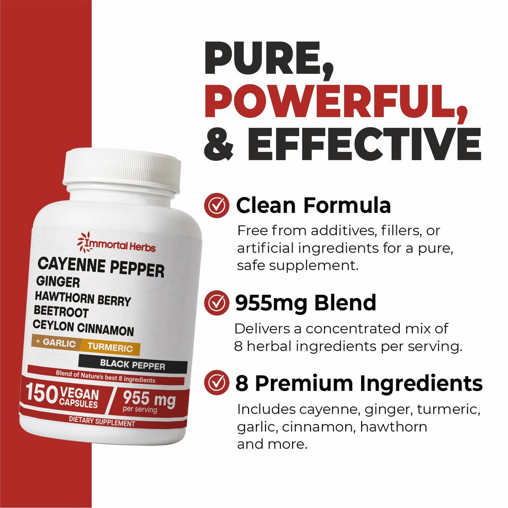 Cayenne Pepper Capsules w/Garlic, Ginger, Hawthorn, Turmeric, Cinnamon, Beet Root and Black Pepper Extract, 150 Cayenne Capsules, Non-GMO & Gluten Free Capsaicin Supplement