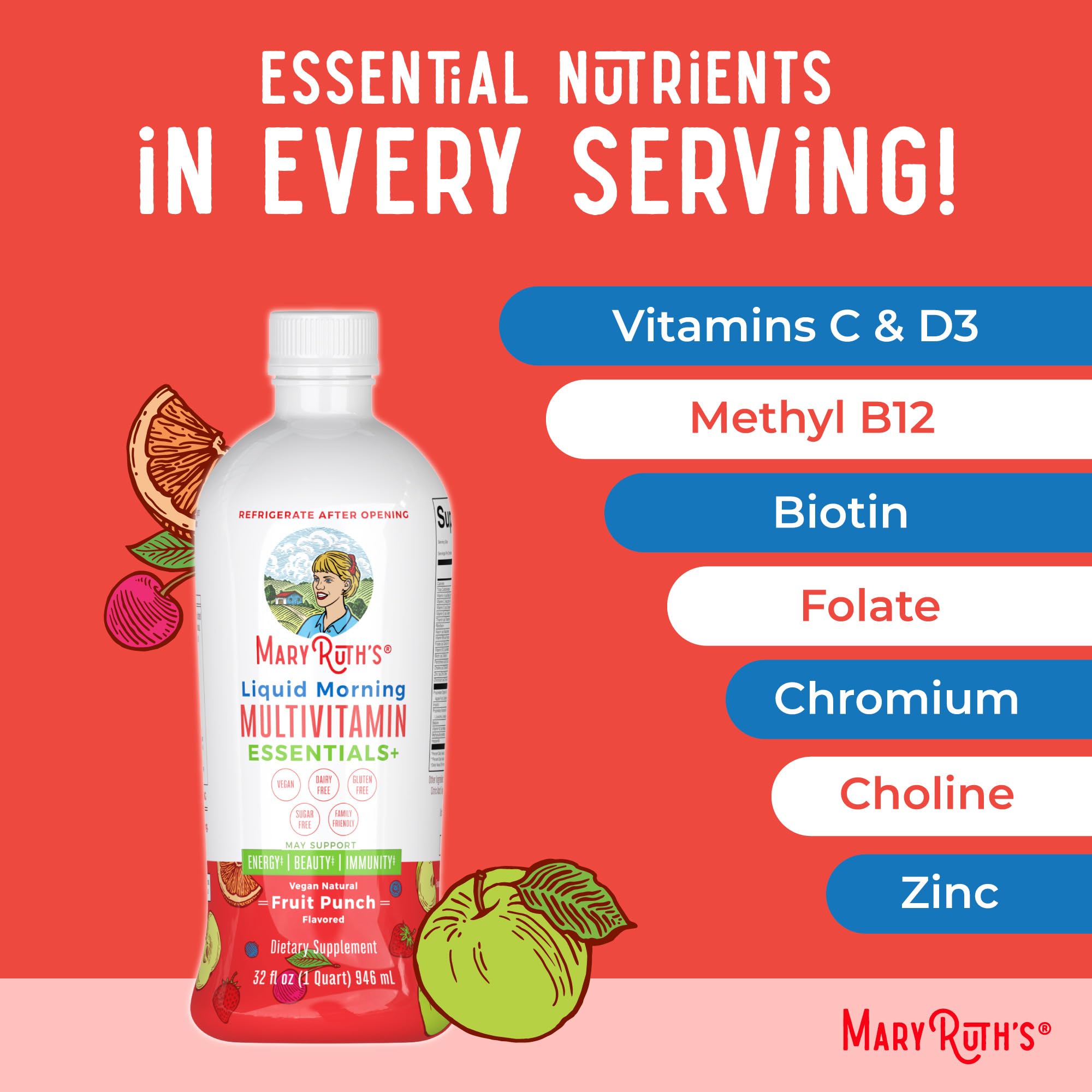 MaryRuth's Liquid Morning Multivitamin Essentials+, 2 Flavors, Vegan, 32oz | Vitamin A C D E B6 B12 Biotin Zinc, Mens Womens Multivitamin, Immune Support, Beauty, Sugar Free, Vegan, Ages 1+
