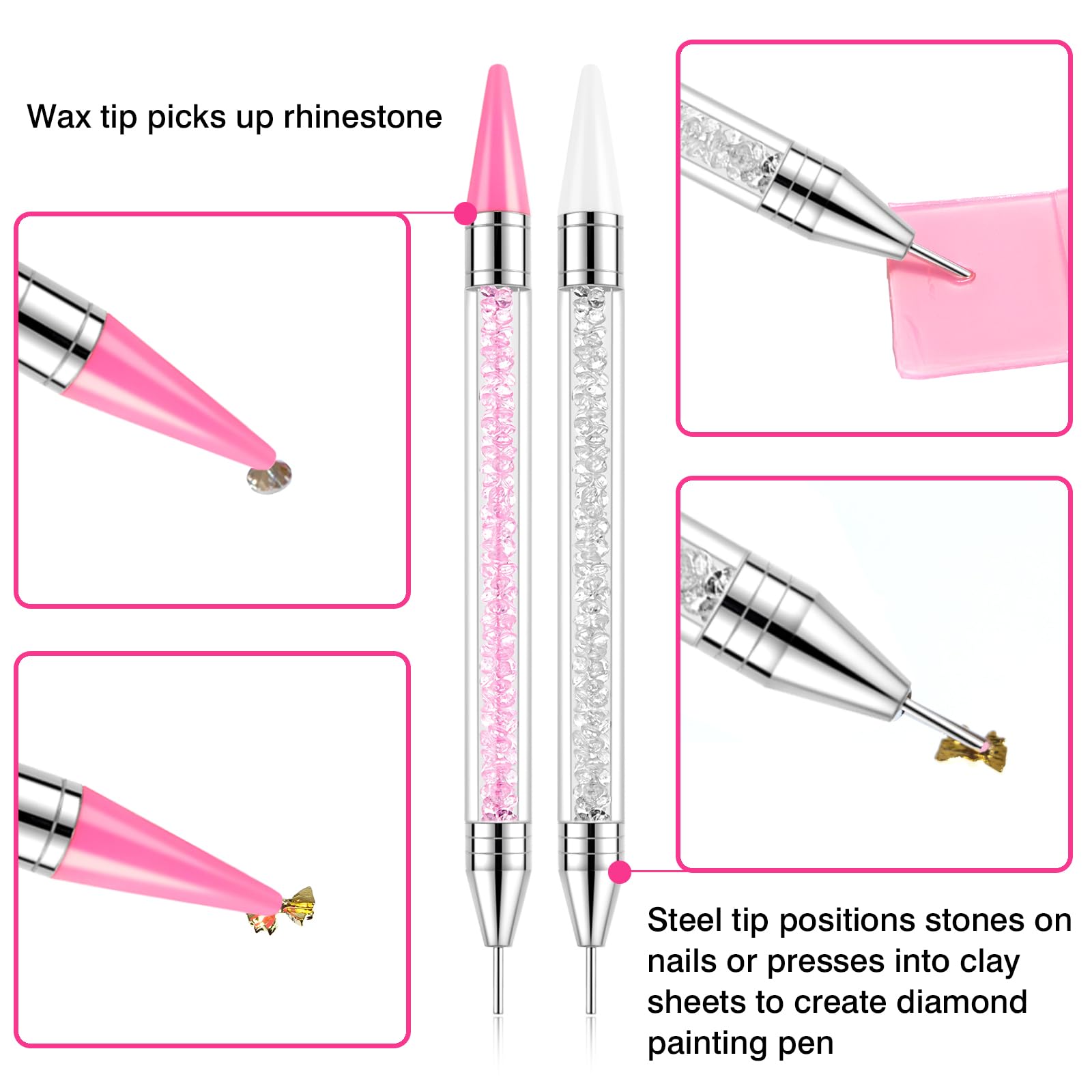 Rhinestone Picker Tool, 2 Bedazzling Pen, 6 Extra Wax Tips&Tweezer | 16Pcs Bedazzling Tools, Diamond Painting Dotting Pen with Precision Tweezer, Nail Art DIY Kit
