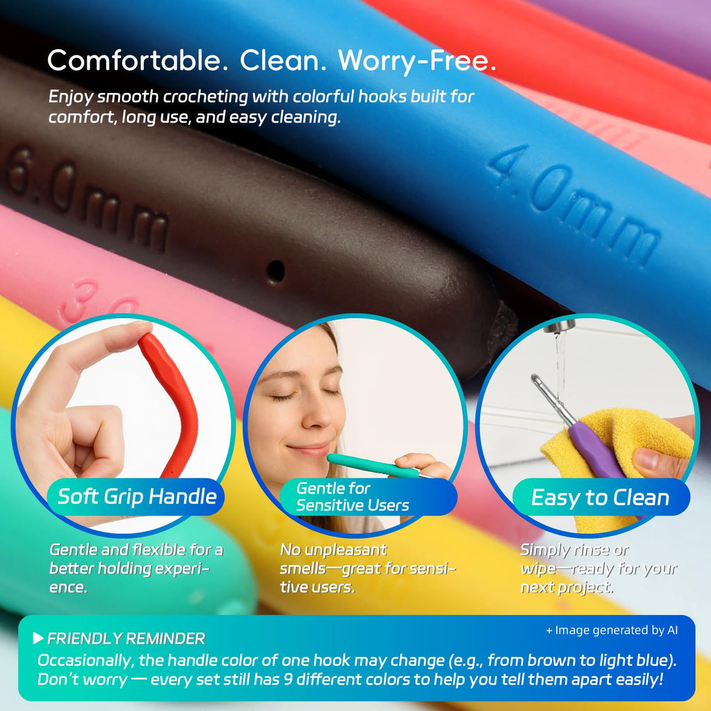 9PCS Ergonomic Crochet Hooks Set by Flickzo – Aluminum Crochet Hook Set with Soft Silicone Handles (2-6mm), Crochet Kit for Beginners with Crochet Tools & Knitting Accessories