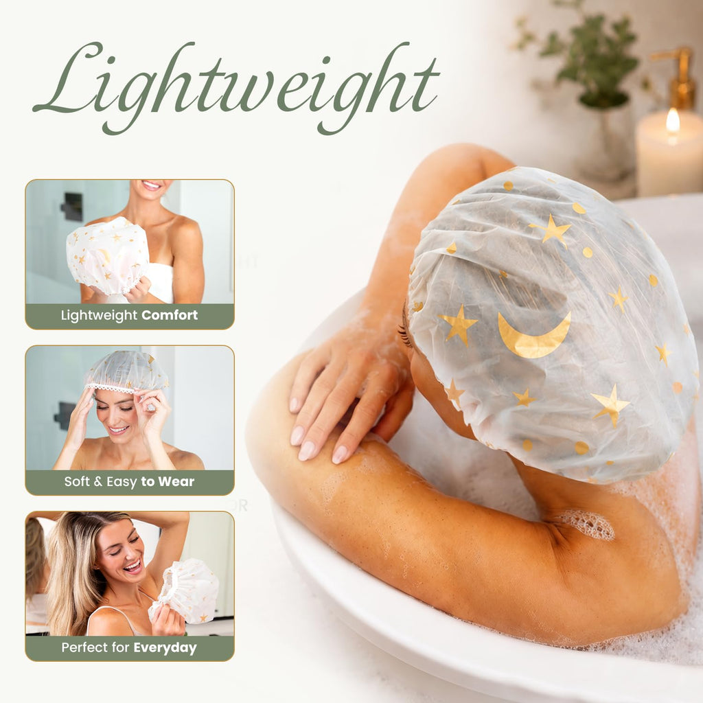 Shower Caps for Women Reusable Waterproof, 2 PCS Shower Caps + 5 Hair Ties
