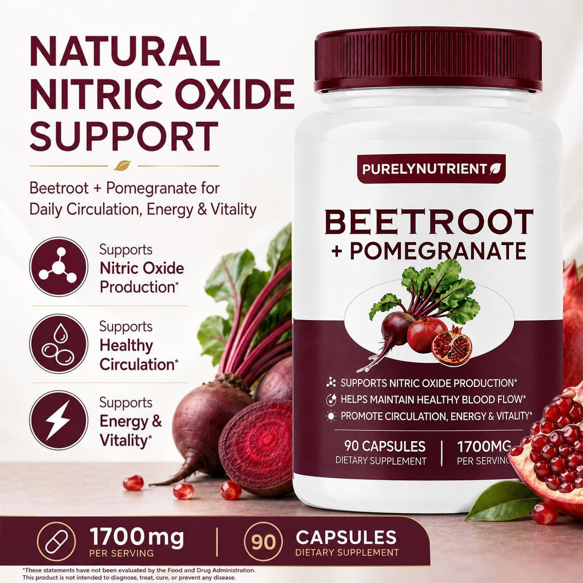 Beetroot + Pomegranate Capsules, Supports Daily Wellness, Energy & Stamina, Beet Root Capsules for Men & Women, 90 Capsules