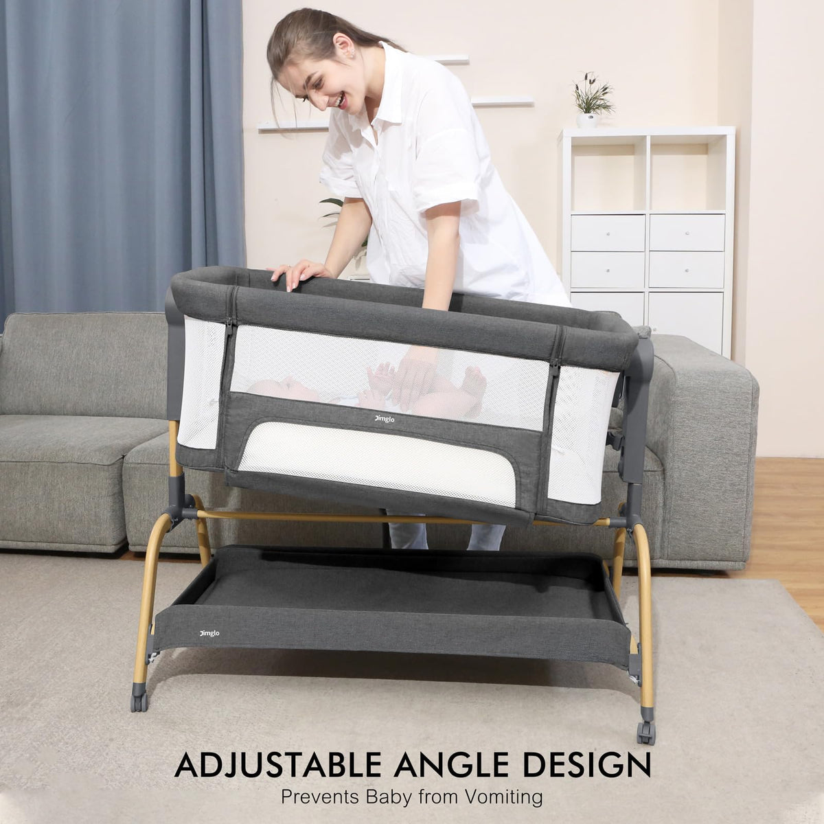 Jimglo 3-in-1 Baby Bassinet, Bedside Sleeper & Rocking Bassinet, Full Mesh