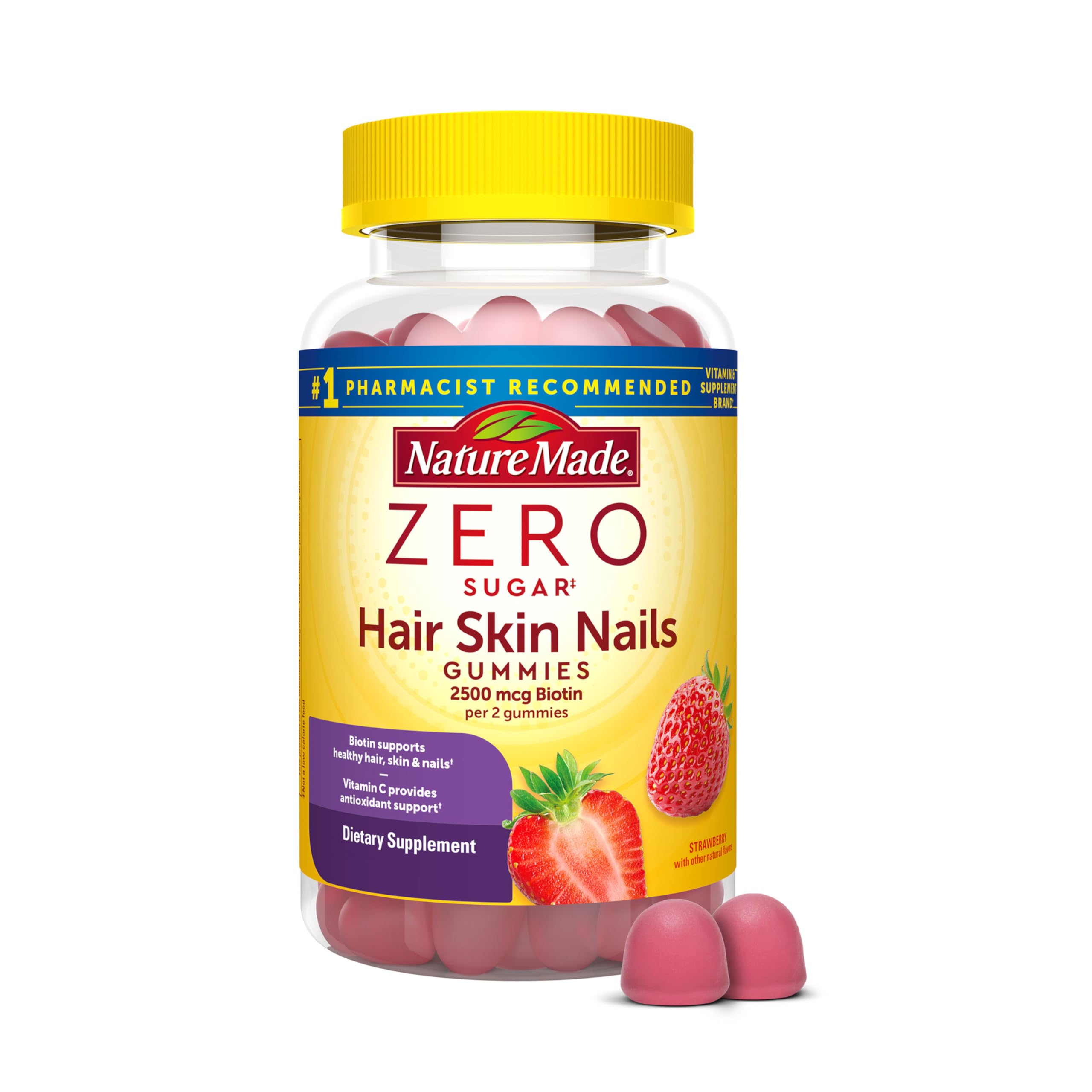 Nature Made Zero Sugar Hair Skin Nails Gummies, 120 Sugar Free Gummies | Biotin 2500 mcg per Serving, Support Healthy Hair, Skin and Nails, Strawberry Flavor, 60 Day Supply