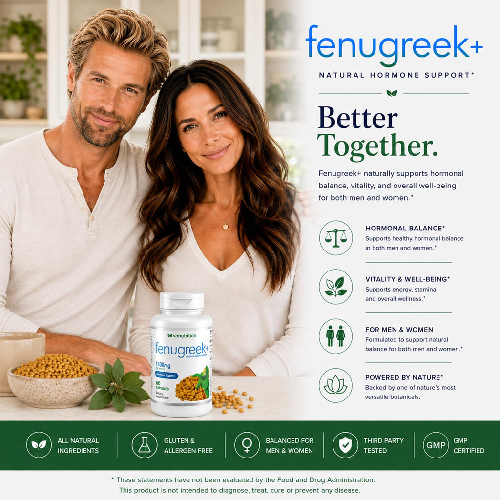 VH Nutrition Fenugreek+ 1400mg Capsules for Men & Women, 60 Count