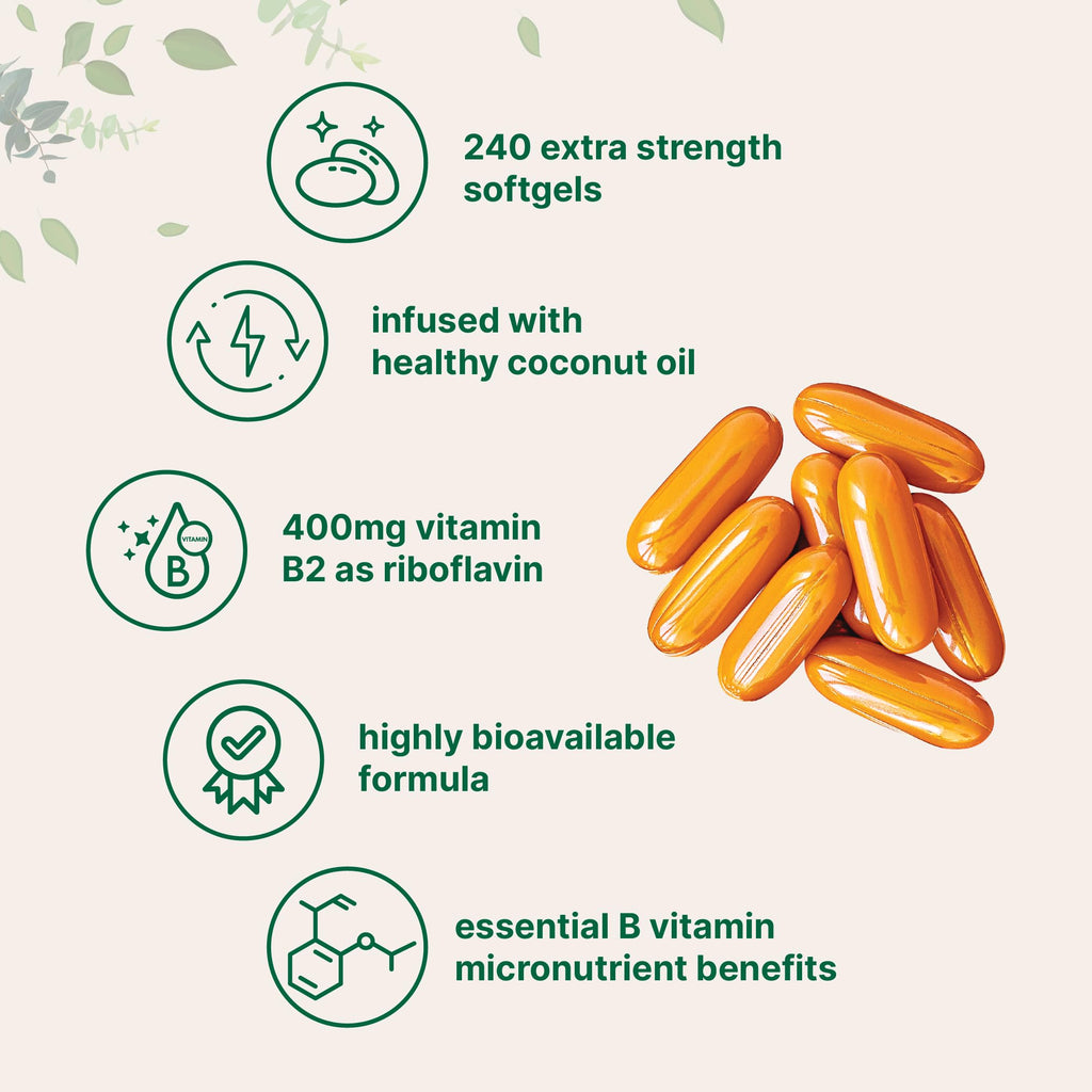 Vitamin B2, Riboflavin 400mg | 240 Softgels with Coconut Oil | Highly Bioavailable | Extra Strength Vitamin B Energy Supplements | Essential B Vitamins for Women & Men | Non-GMO, Gluten Free