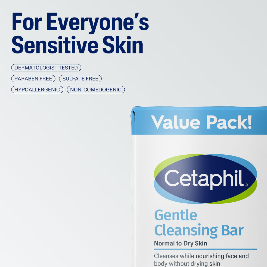 Cetaphil Gentle Cleansing Bar Soap, Sensitive & Dry Skin, 4.5oz, 6ct | Fragrance-Free, Dermatologist Recommended, Non-Comedogenic, Nourishes Dry Sensitive Skin, Face And Body, Bulk 6-Pack Value