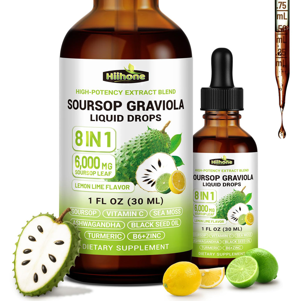 Herbs 8-in-1 Soursop Graviola Bitters Liquid Drops, 1 fl oz | Soursop Leaf Extract Drops, Sea Moss, Ashwagandha & Turmeric, Immune, Liver, Antioxidant & Sleep Support, Alcohol-Free