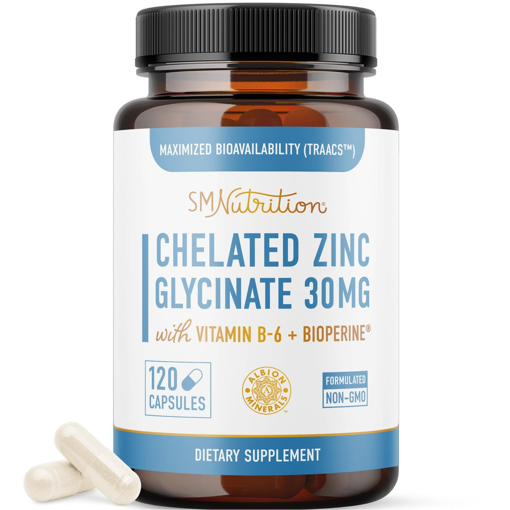 Chelated Zinc Supplements, Zinc Glycinate 30mg, Highly-Absorbable, Non-GMO | TRAACS Chelated Bisglycinate Vitamin B6 & BioPerine, Immune Acne & Energy Support, Gluten-Free, 120 Capsules (4 Month Supply)