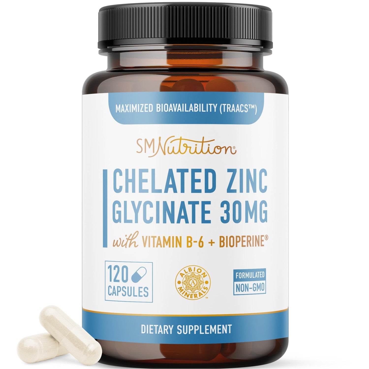 Chelated Zinc Supplements, Zinc Glycinate 30mg, Highly-Absorbable, Non-GMO | TRAACS Chelated Bisglycinate Vitamin B6 & BioPerine, Immune Acne & Energy Support, Gluten-Free, 120 Capsules (4 Month Supply)