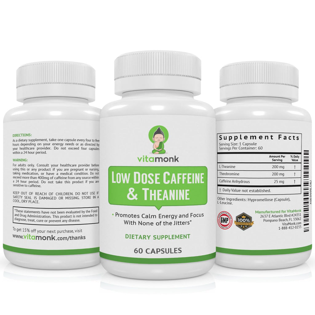 VitaMonk Low Dose Caffeine L-Theanine Pills for Jitter-Free Energy