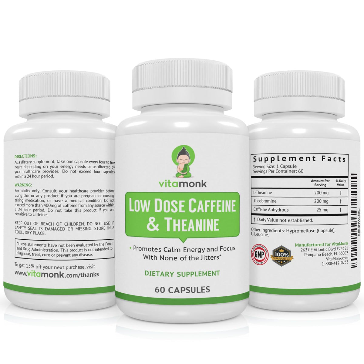 VitaMonk Low Dose Caffeine L-Theanine Pills for Jitter-Free Energy