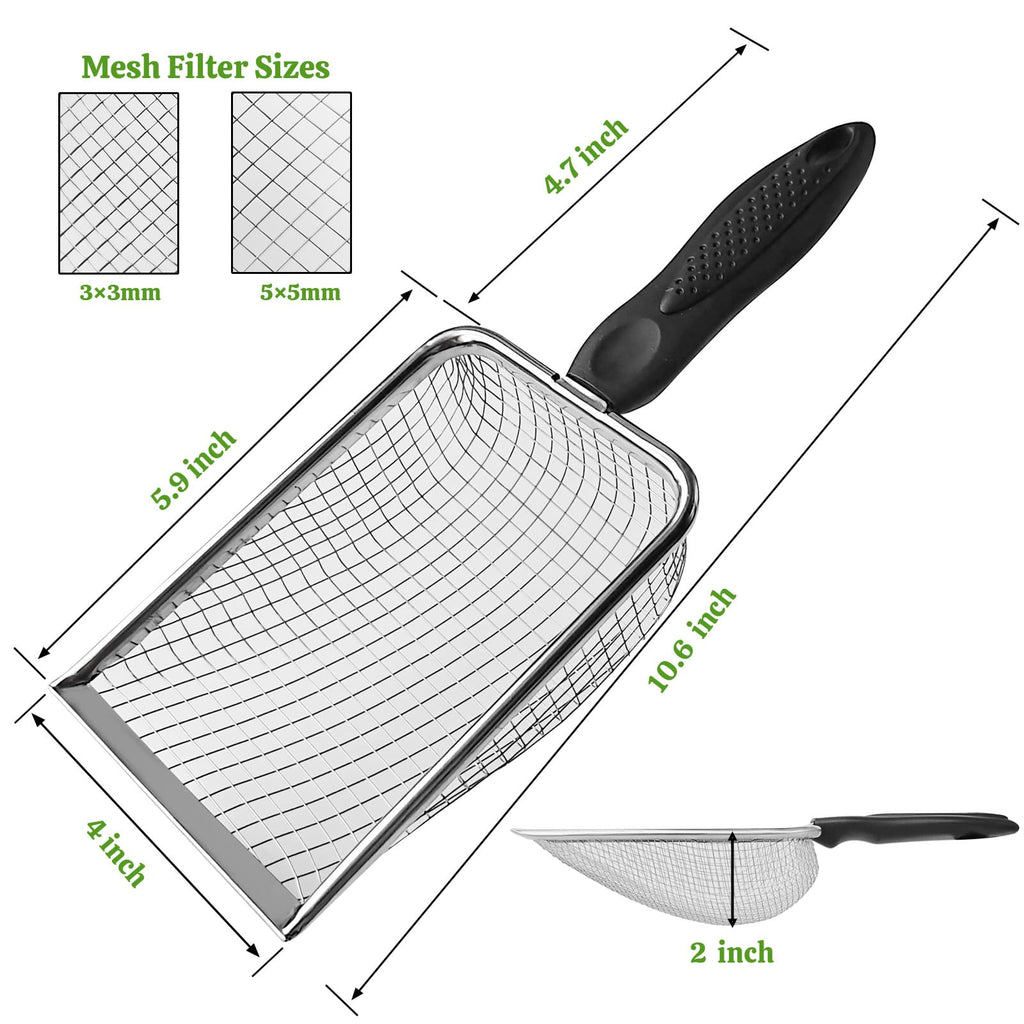 2Pcs Cat Litter Scoop Metal Stainless Steel Mesh Kitty Litter Scoop with Hook, Cat Scooper for Litter Box, Filter Small Pieces Quickly, Easy to Clean and Durable (3mm/5mm Mesh)