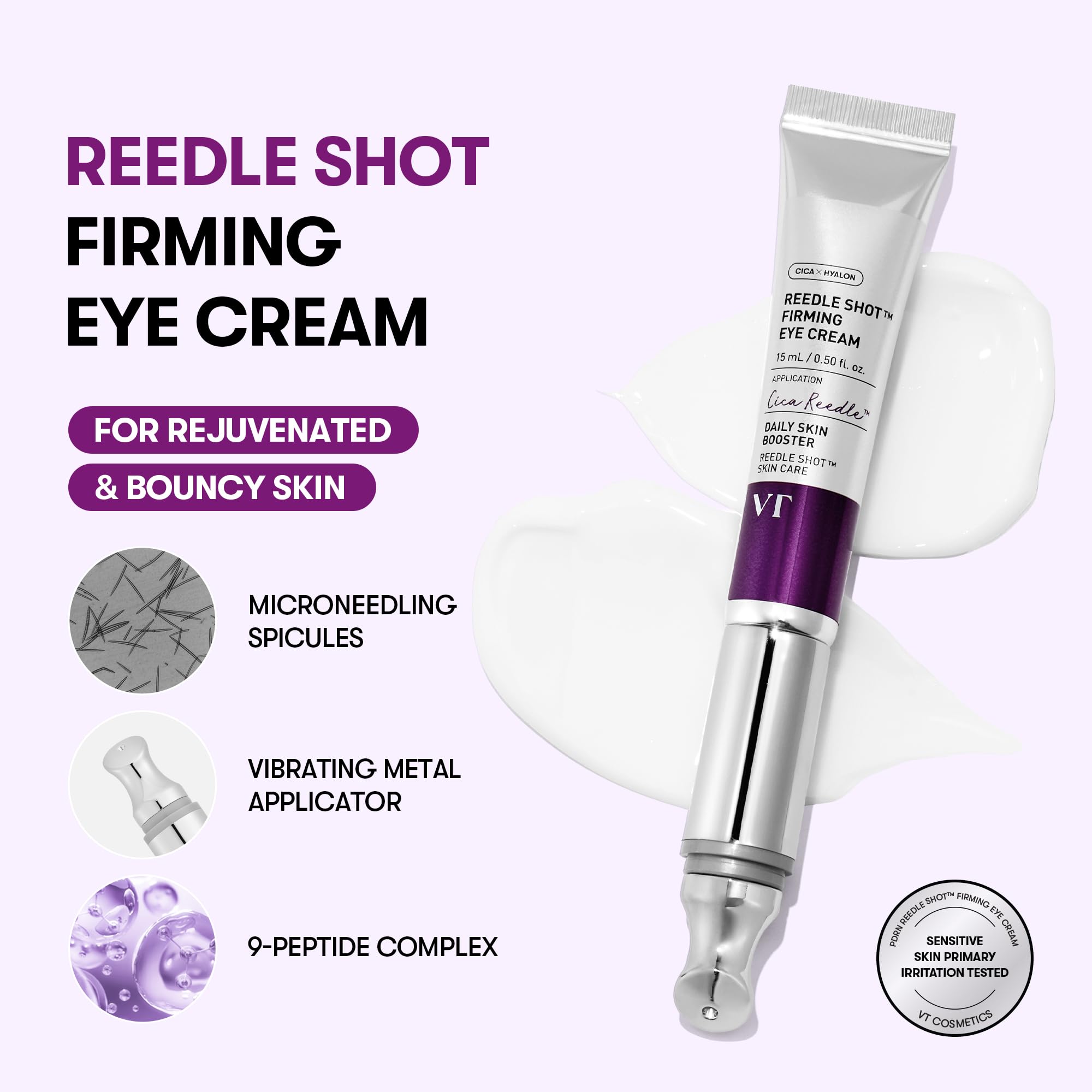 VT COSMETICS Reedle Shot Firming Eye Cream, 0.51 fl oz/15ml | 9-Peptide Complex, Bakuchiol & Hyaluronic Acid, Vibrating Metal Applicator for Puffiness, Fine Lines & Wrinkles