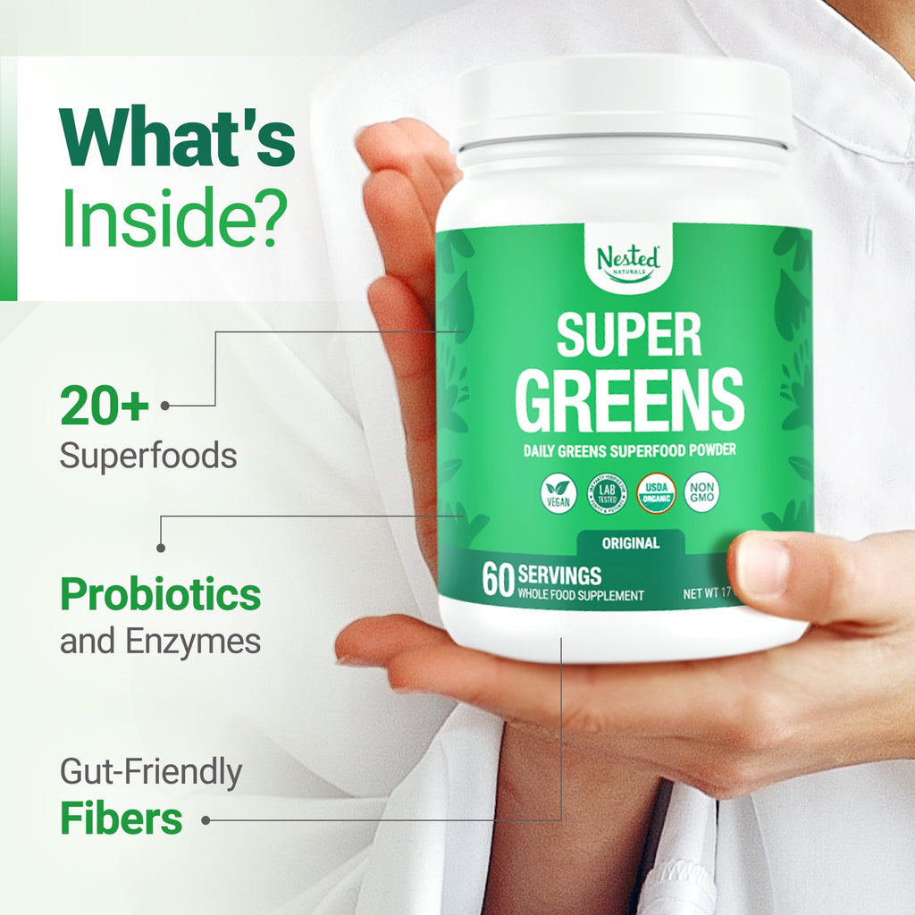 Nested Naturals Super Greens Daily Superfood Powder - Certified USDA Organic Green Powder w/Whole Foods, Spirulina Powder, Wheat & Barley Grass - Probiotics, Fiber & Enzymes - Original, 60 Servings