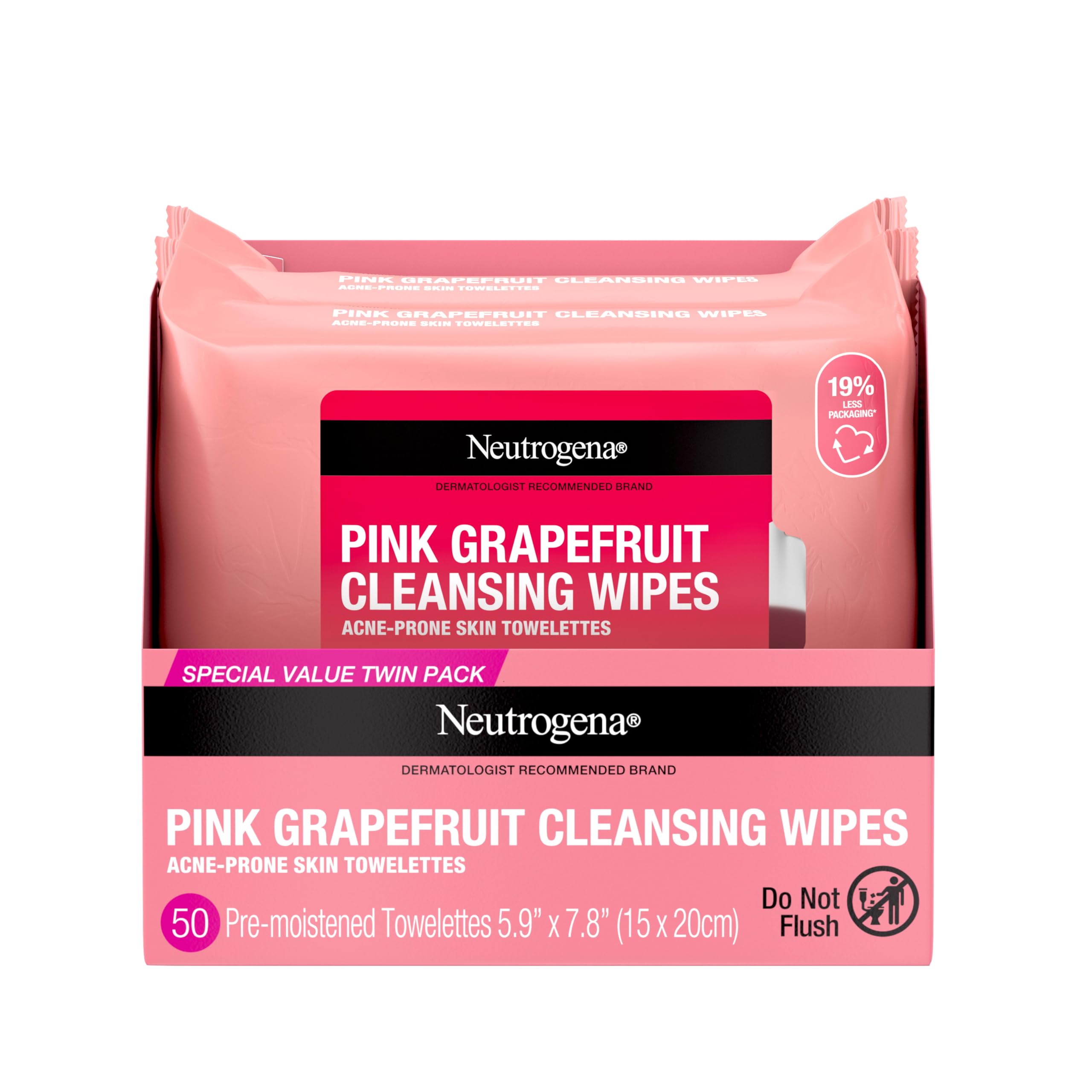 Neutrogena Makeup Remover Towelettes, Pink Grapefruit, 2 x 25 ct | Disposable Acne Face Towelettes to Remove Dirt, Oil, and Makeup for Acne Prone Skin