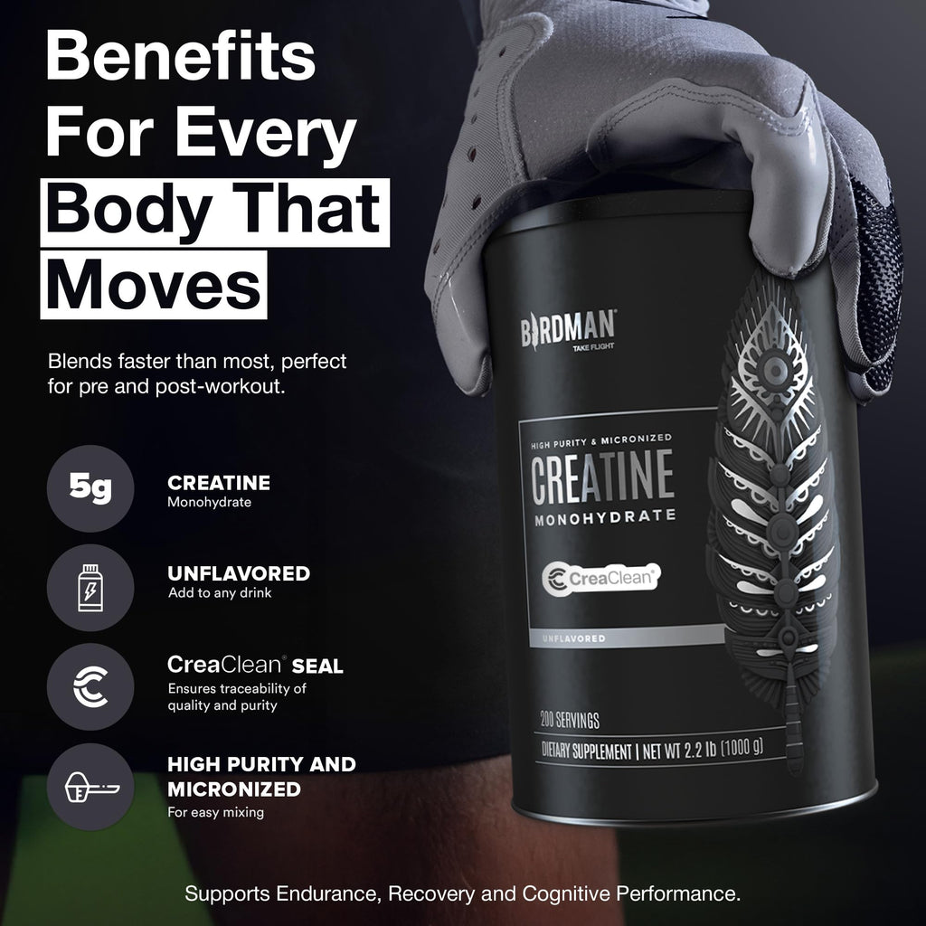 BIRDMAN Micronized Creatine Monohydrate Powder, Muscle Recovery, Caffeine Free, Creatine Pre Workout, Vegan, Post Workout, Gluten Free, Sugar Free | 200 Servings (5 Grams Each) | 2.2lb.