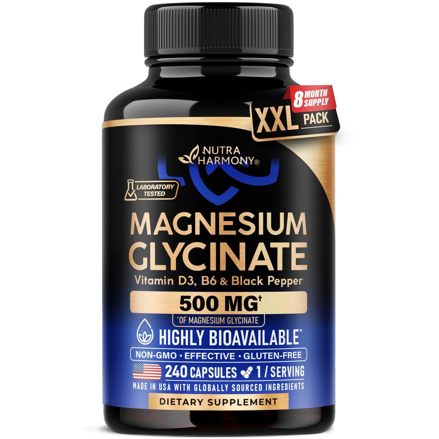 Magnesium Glycinate 500mg - VIT. B6 & D3 - Sleep, Muscle & Heart - 240 Caps | Magnesium Bisglycinate - Chelated High Absorption with Black Pepper - Magnesium for Women & Men - Lab Tested & Non-GMO