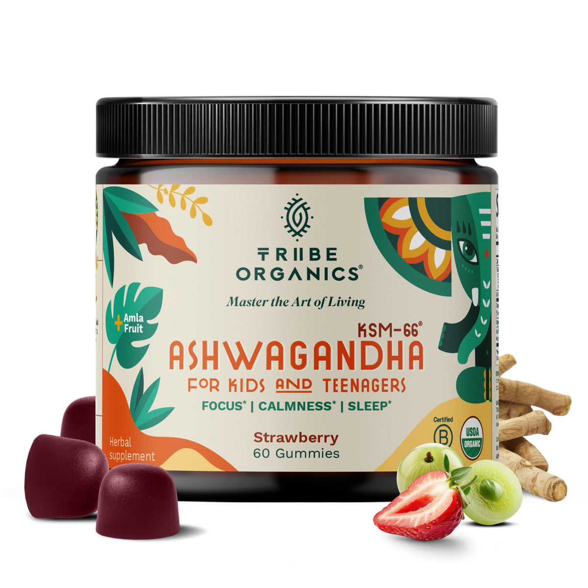 TRIBE ORGANICS Ashwagandha KSM 66 Gummies for Kids & Teens, 300mg, 60ct