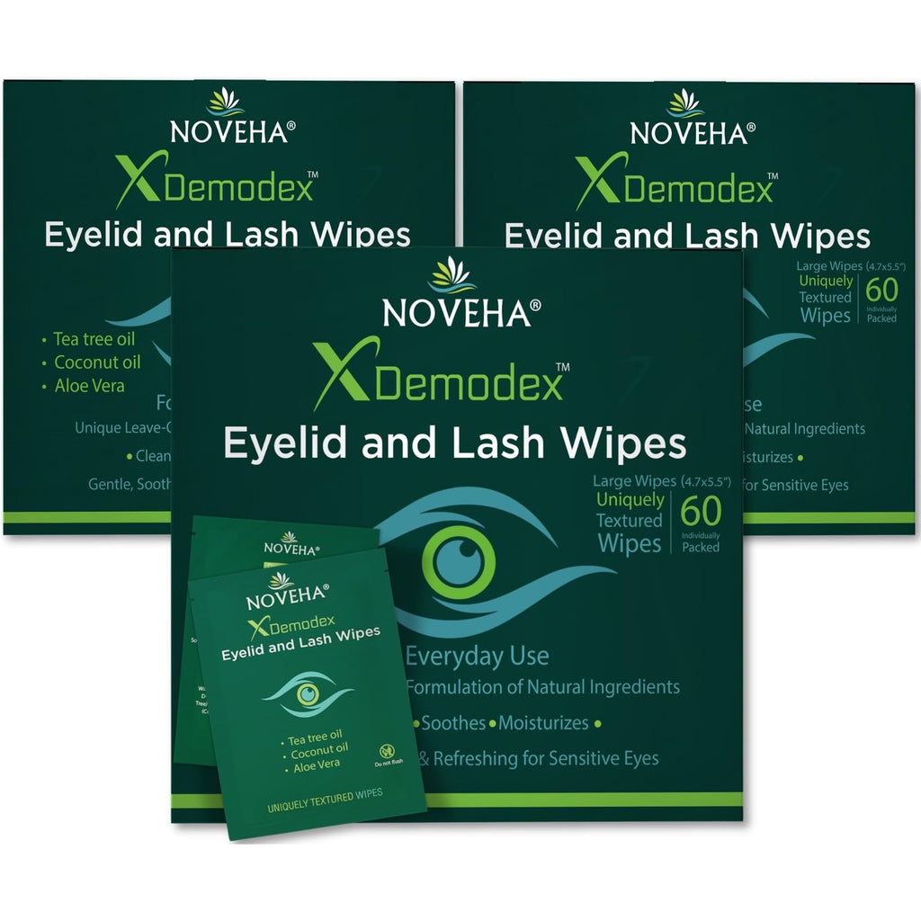 NOVEHA Demodex Eyelid & Lash Wipes | Box Of 60 Individually Wrapped Extra Strength Cleansing Eyelash Wipes - Battle Itchy & Irritated Eyes associated with Demodex Mites, Naturally Remove debris