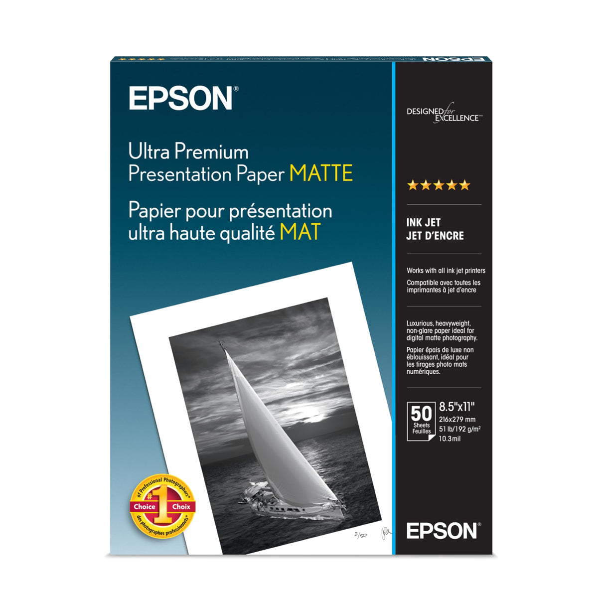Epson Ultra Premium Presentation Paper (8.5x11 Inches, 50 Sheets) (S041341),White , matte finish