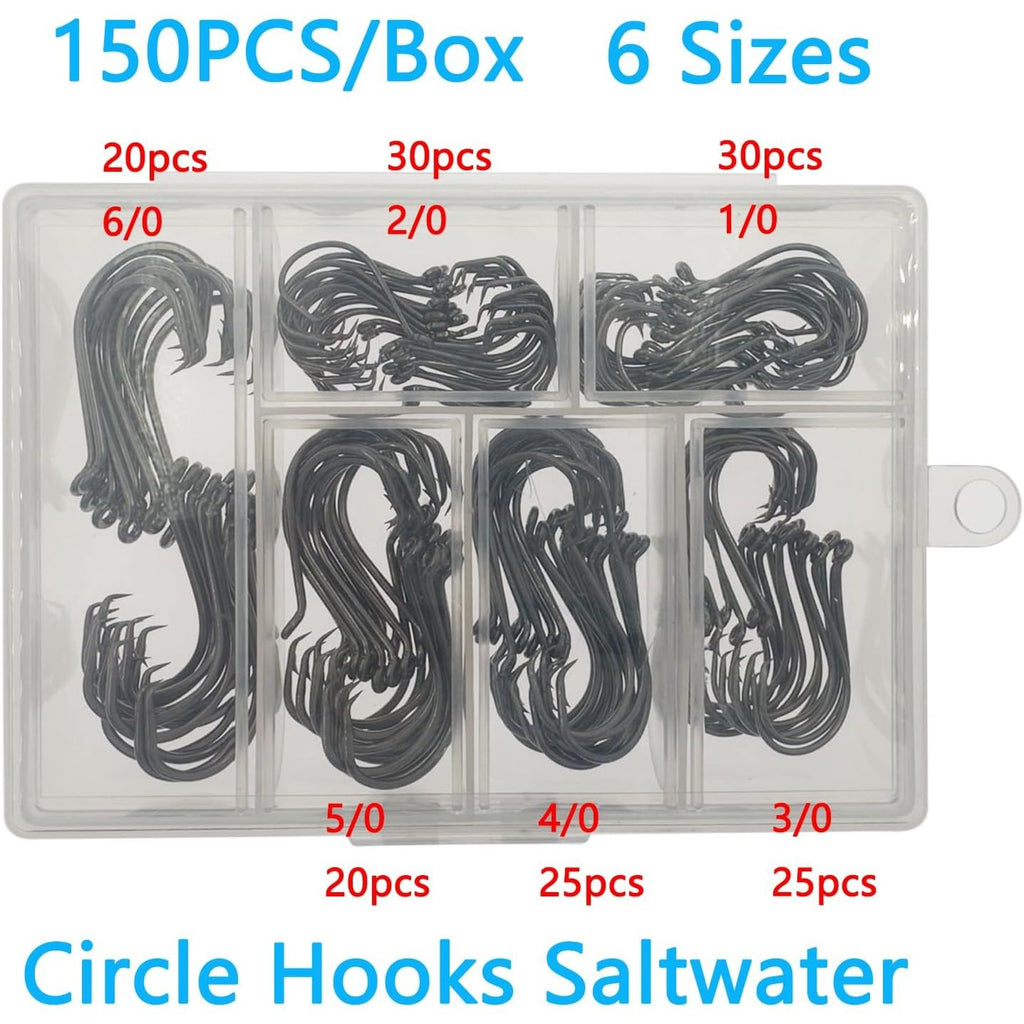 Buy now Fish Hooks for Fishing Gear Tackle, 150PCS Circle Hooks Saltwater, 6sizes Fishing Hooks Saltwater, Catfish Octopus Hook 1/0 2/0 3/0 4/0 5/0 6/0 Black High Carbon Steel with Portable Plastic Box at indiglob india