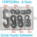 Buy now Fish Hooks for Fishing Gear Tackle, 150PCS Circle Hooks Saltwater, 6sizes Fishing Hooks Saltwater, Catfish Octopus Hook 1/0 2/0 3/0 4/0 5/0 6/0 Black High Carbon Steel with Portable Plastic Box at indiglob india