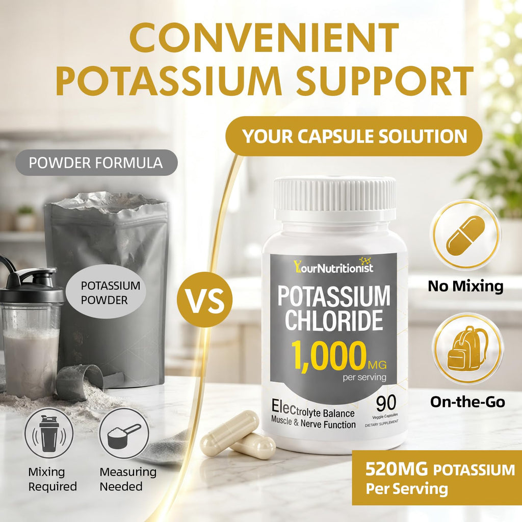 Potassium Chloride 1000mg Supplement, Electrolyte Balance Support