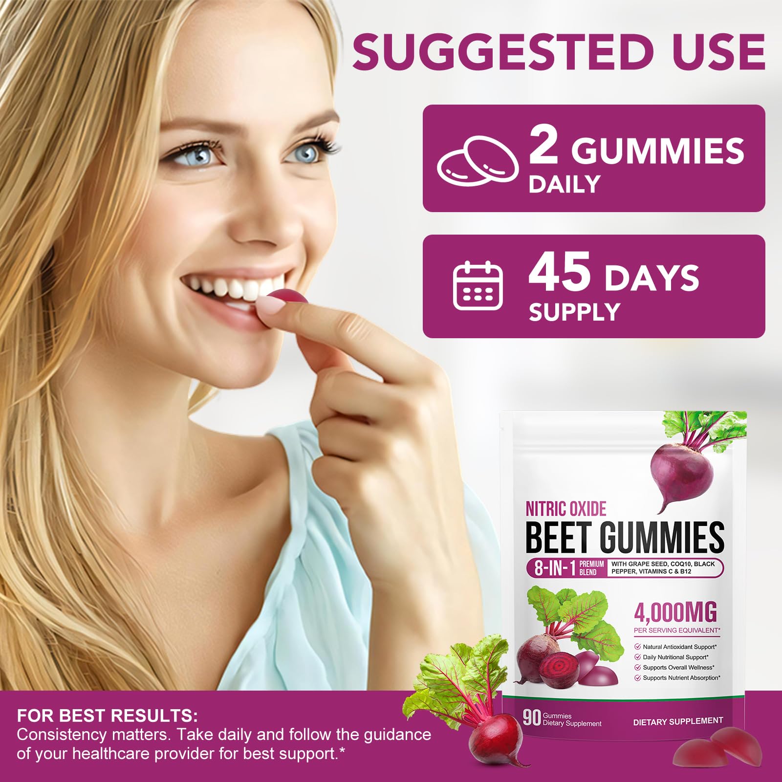 90 Chews Beet Root Gummies, Sugar Free | 8 in 1 Beet Root Extract with CoQ10, Grapeseed Extract 90 Chews for Antioxidant, Promoting Nitric Oxide, Energy Level Suport, with Vitamin B12, C