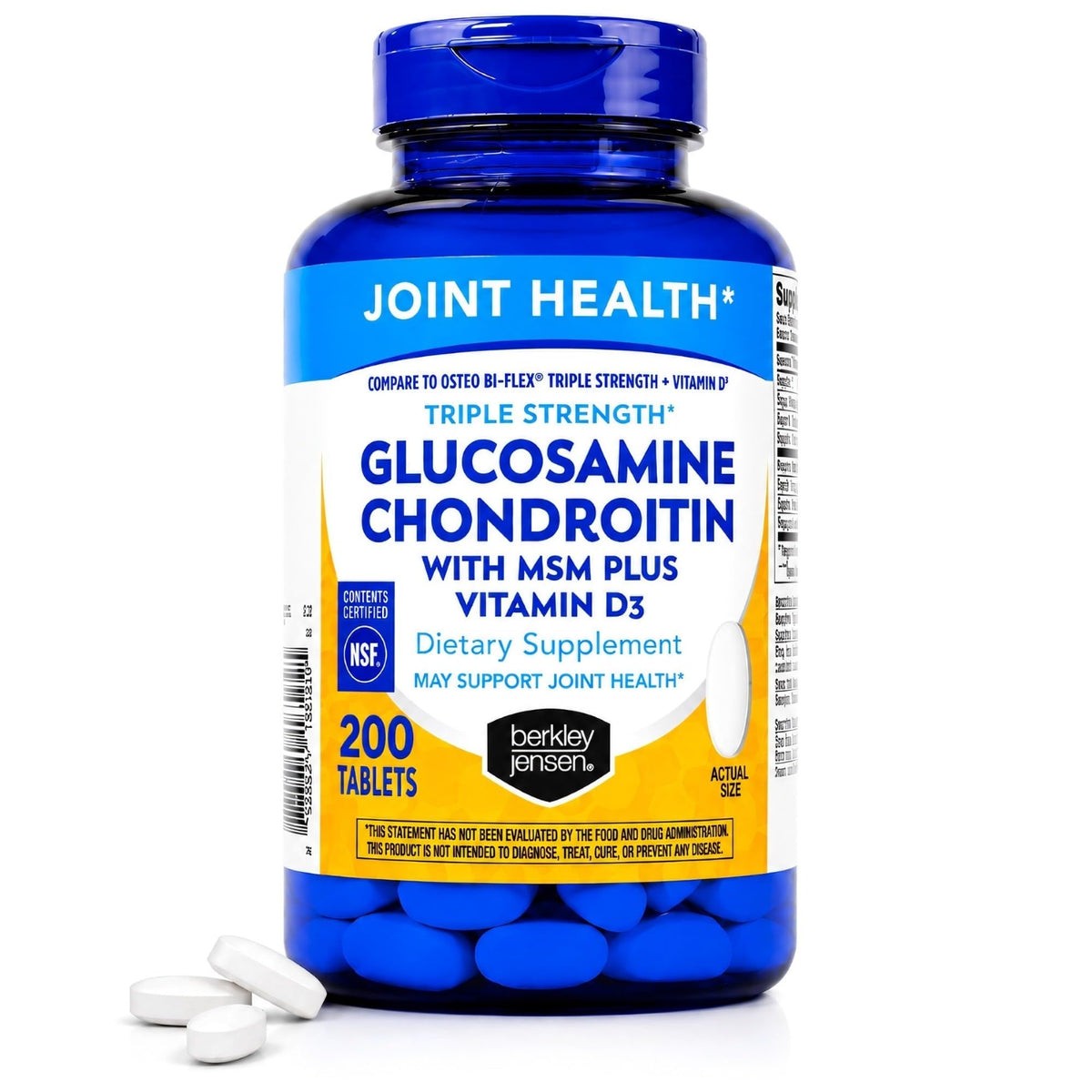 Berkley Jensen Glucosamine Chondroitin Triple Strength Complex with MSM and D3 Joint Supplement Tablets for Joint Support and Cartilages, NSF Certified, 200 Count (Pack of 1)