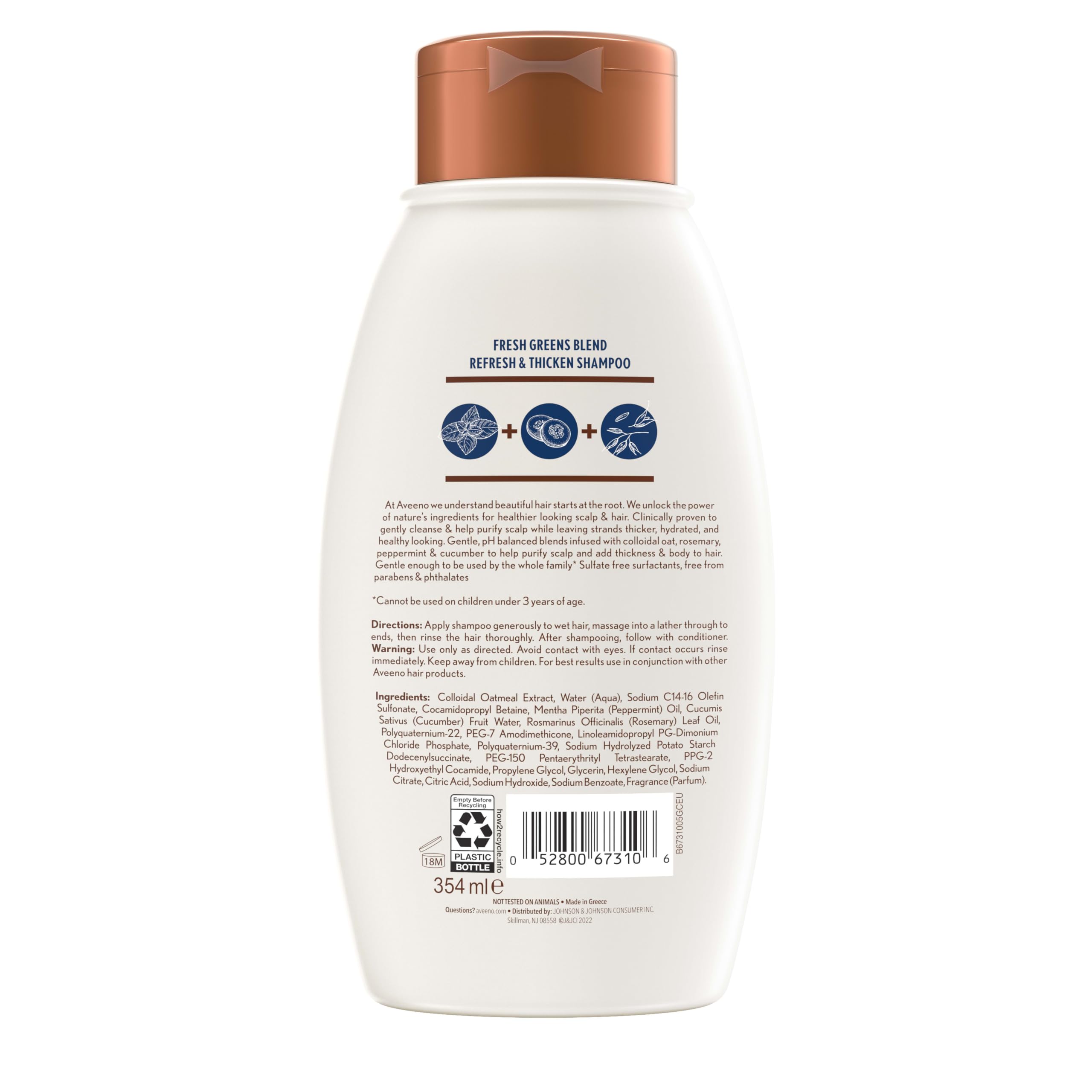 Aveeno Fresh Greens Blend Natural Volumizing Shampoo, Cucumber, Rosemary, for Fine Hair, 12 fl oz