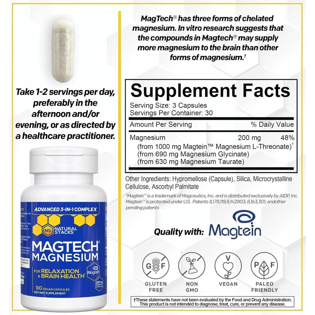 MagTech Magnesium Complex Glycinate, L-Threonate and Taurate, 90 Capsules | Advanced 3 in 1 200mg Chelated Triple Blend w/ Magtein - Supports Relaxation & Brain Health for Women & Men - Natural Stacks